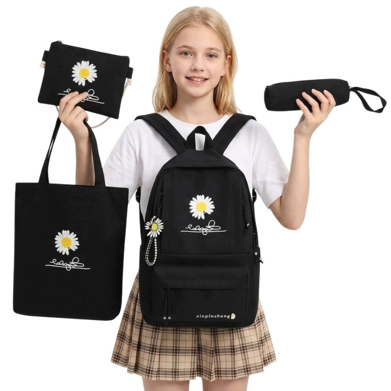 SCHOOL BACKPACK BLACK SET 4IN1 BAG PENCIL CASE DAISY TERRAMODA