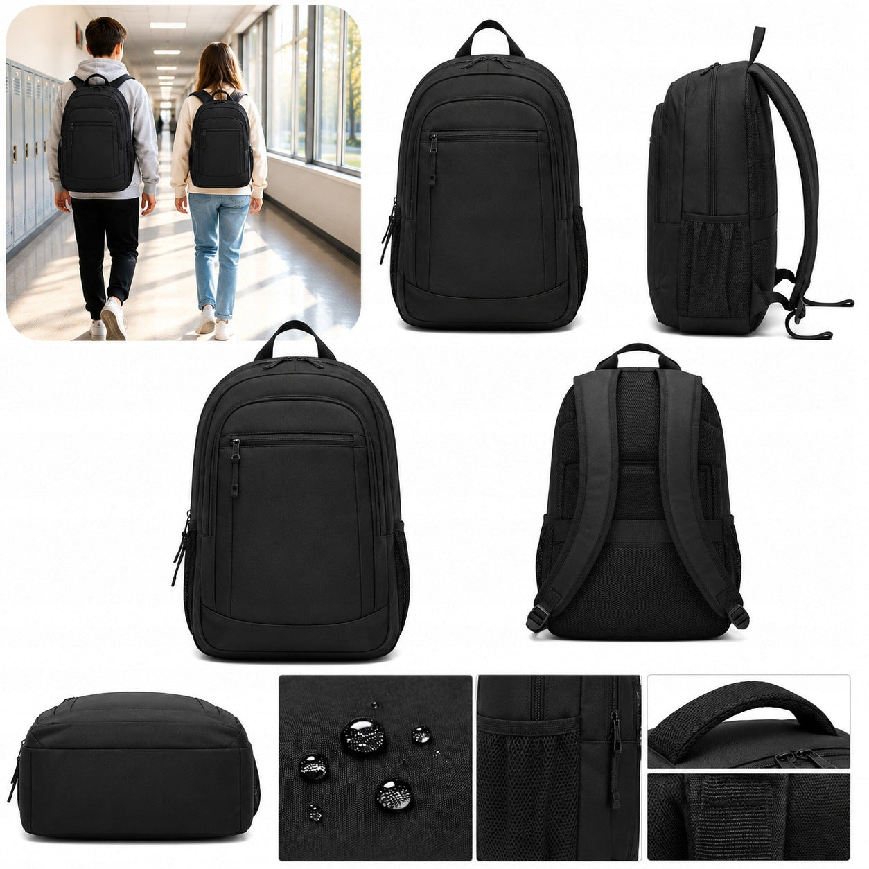 SCHOOL BACKPACK CAPACIOUS 4-CHAMBER DURABLE WATERPROOF BLACK