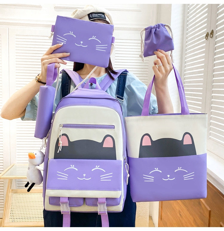 SCHOOL BACKPACK CAT KITTEN YOUTH PENCIL CASE BAG LARGE A4 SET 5in1 Brand Bergens