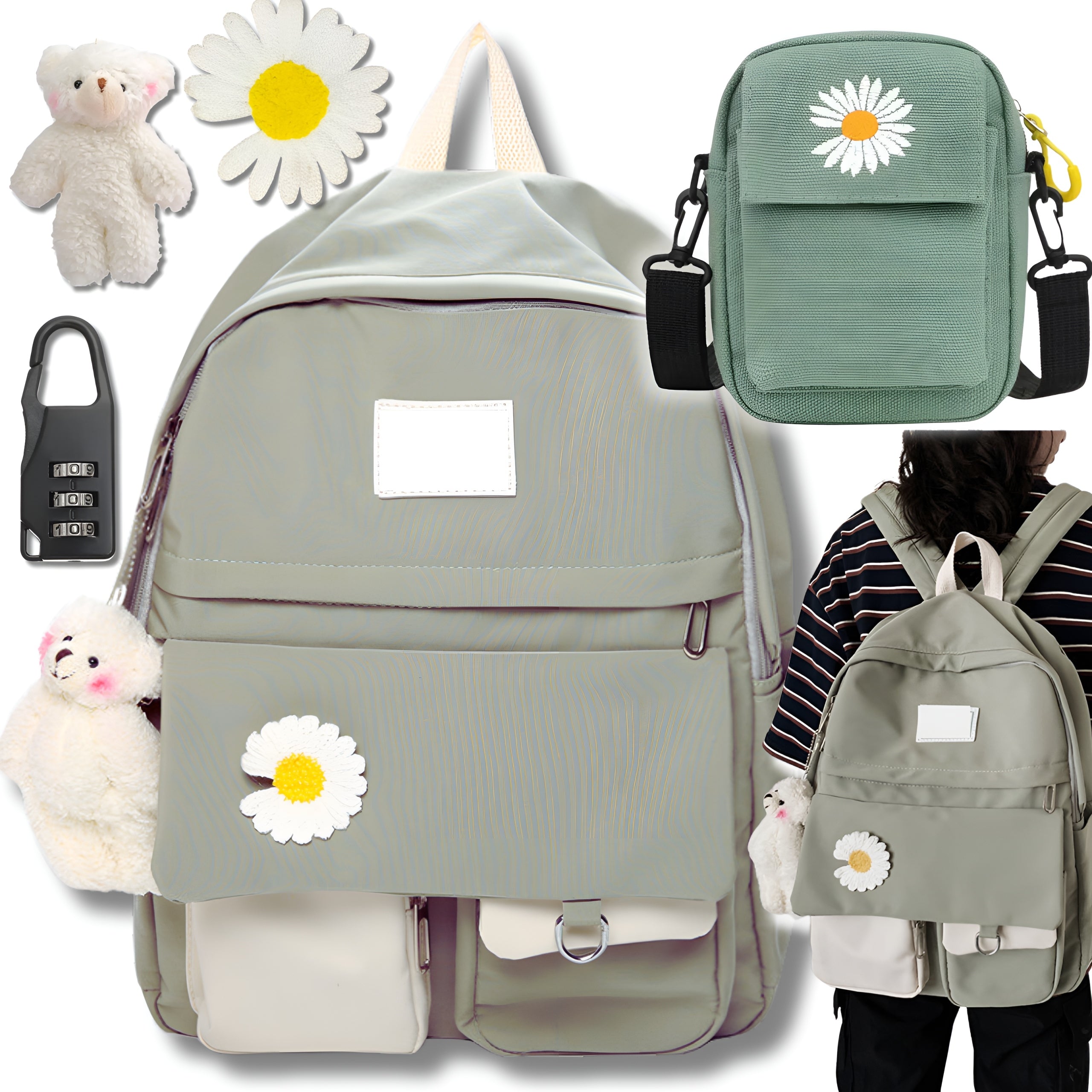 SCHOOL BACKPACK + CROSSBODY +BRELOK +FLOWER SATCHEL FASHIONABLE BEAR