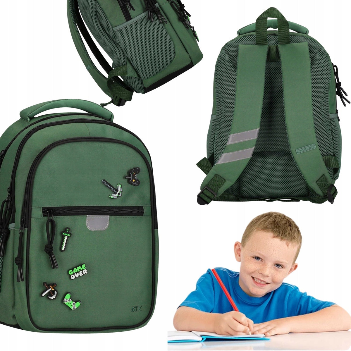 SCHOOL BACKPACK FOR BOY GIRLS UNISEX GREEN WITH PINS