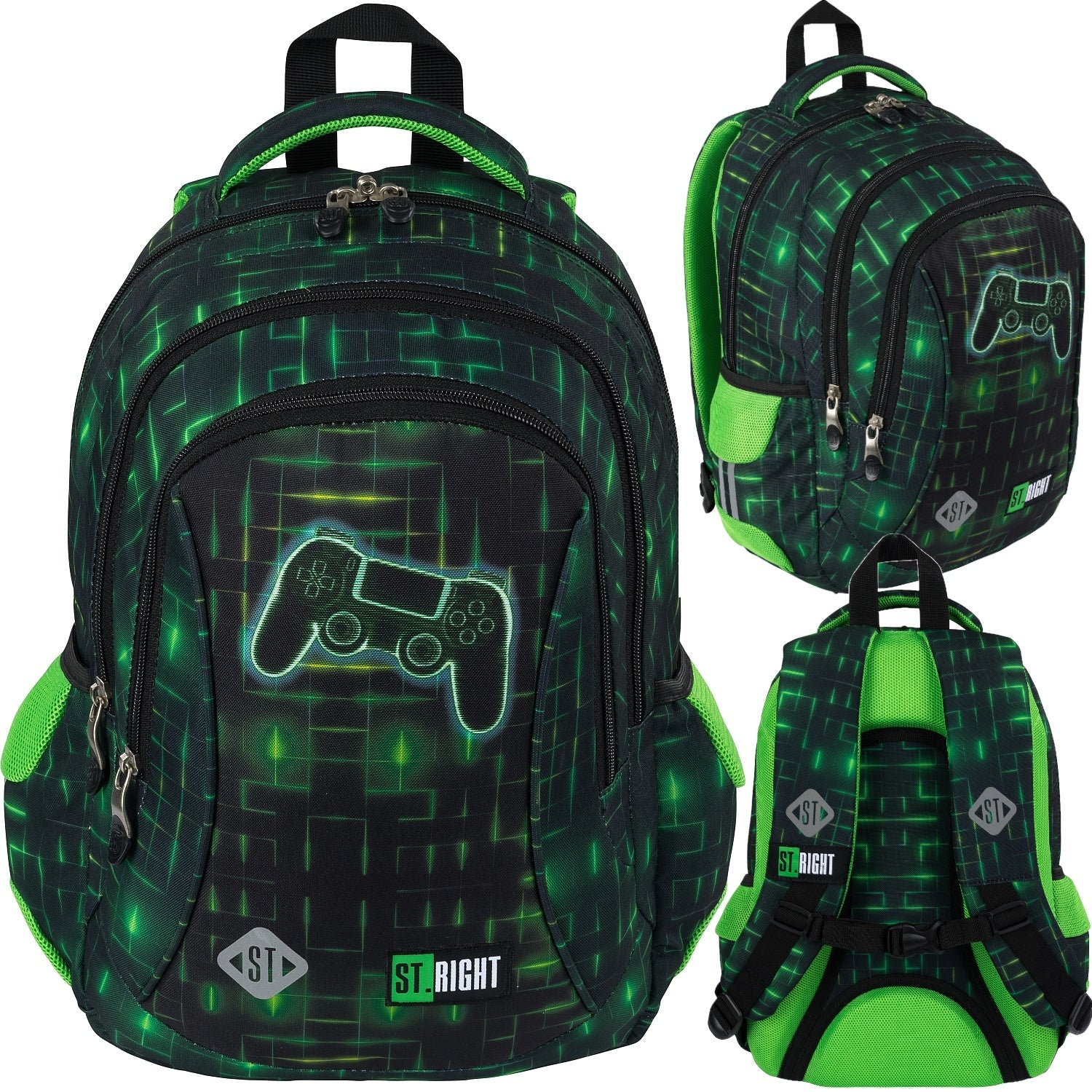 SCHOOL BACKPACK FOR BOY PLAYER 3 Chambers PIXELS NEON PAD ST.RIGHT 1-3