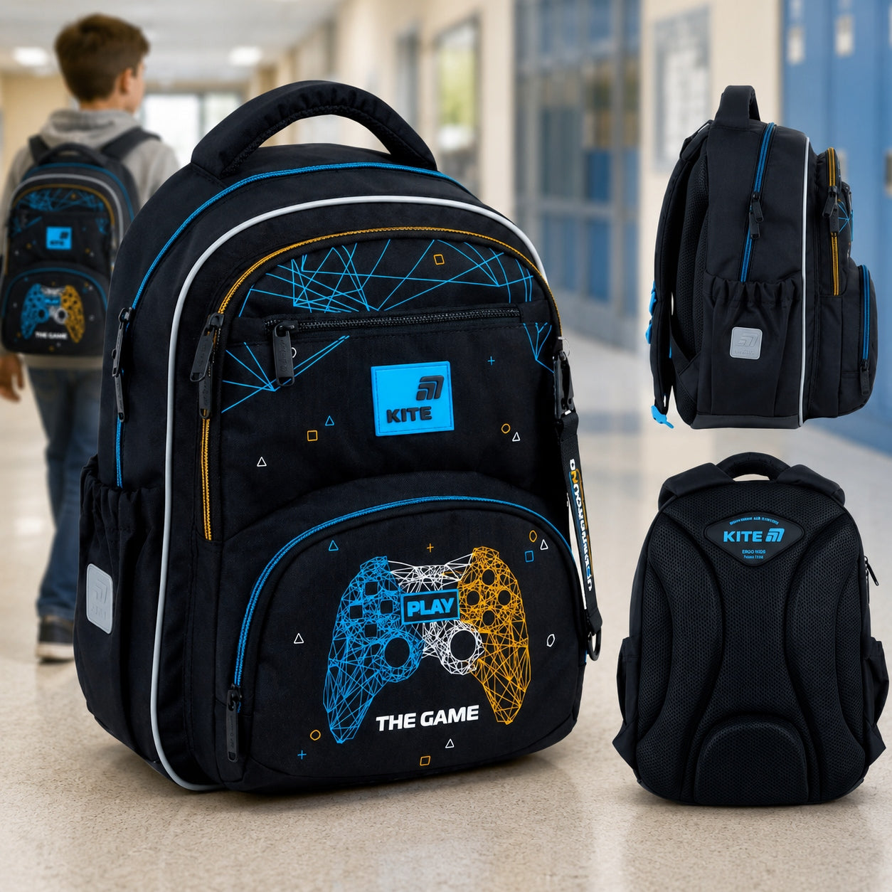 SCHOOL BACKPACK FOR BOYS KITE GAME BLACK WITH CHEST STRAP UP TO CLASS 1-5 Manufacturer code K26 73M