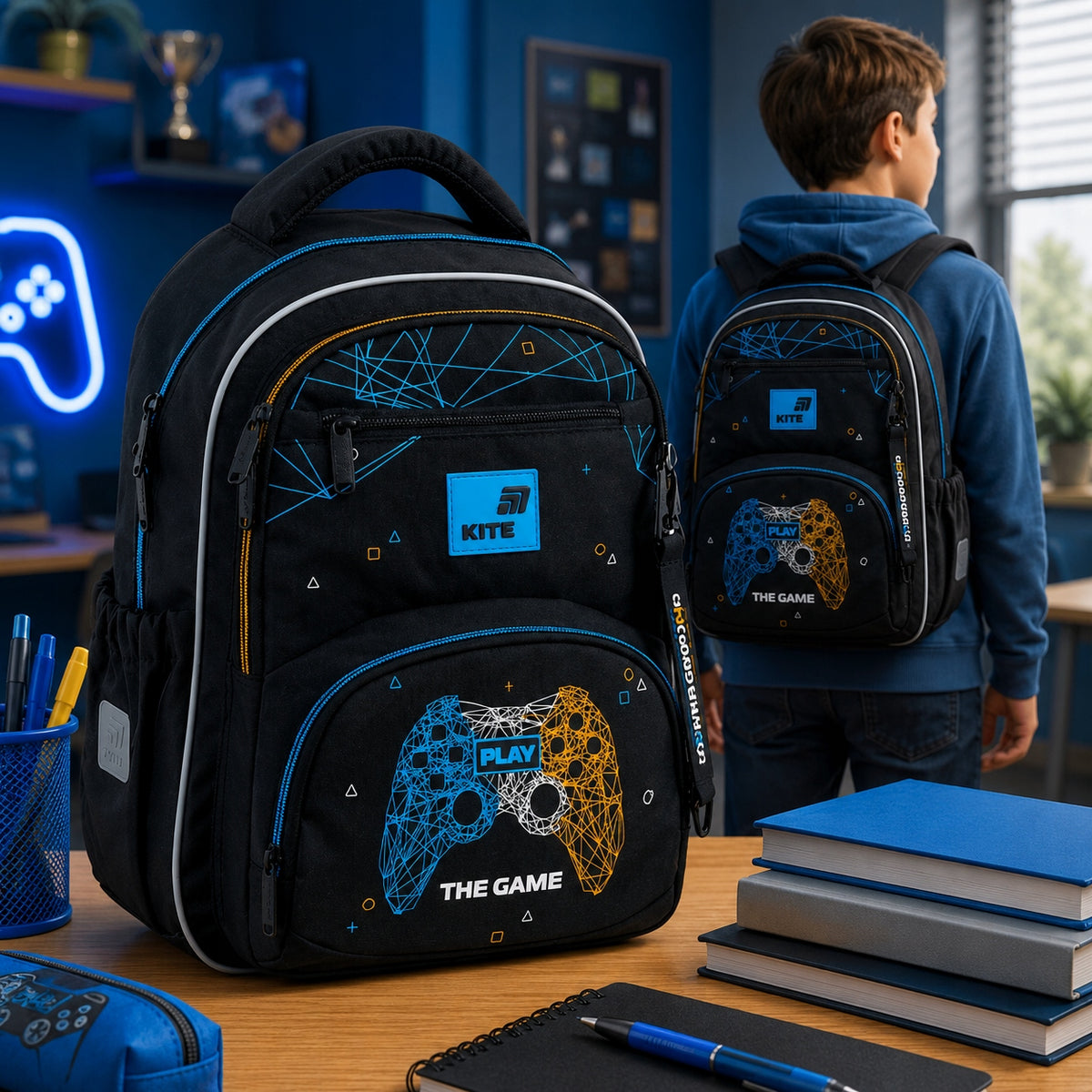 SCHOOL BACKPACK FOR BOYS KITE GAME BLACK WITH CHEST STRAP UP TO CLASS 1-5