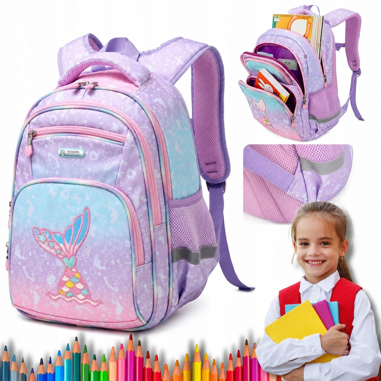 SCHOOL BACKPACK FOR GIRLS 25L PINK WATERPROOF A4 REFLECTIVE