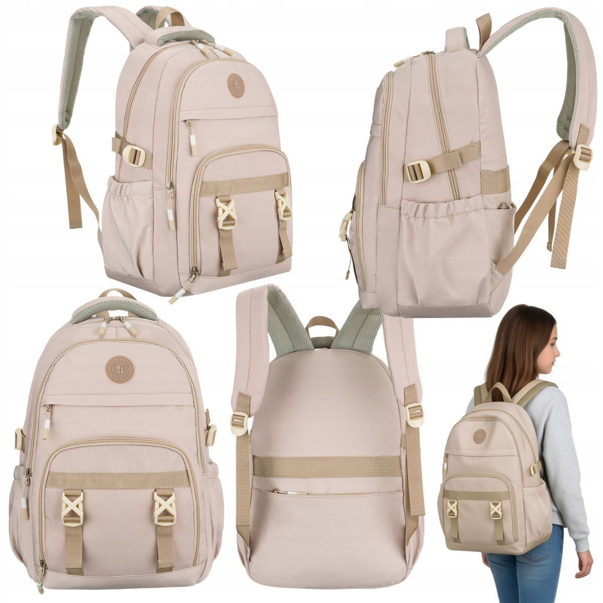 SCHOOL BACKPACK FOR GIRLS BEIGE MULTI-CHAMBER YOUTH TEENAGER