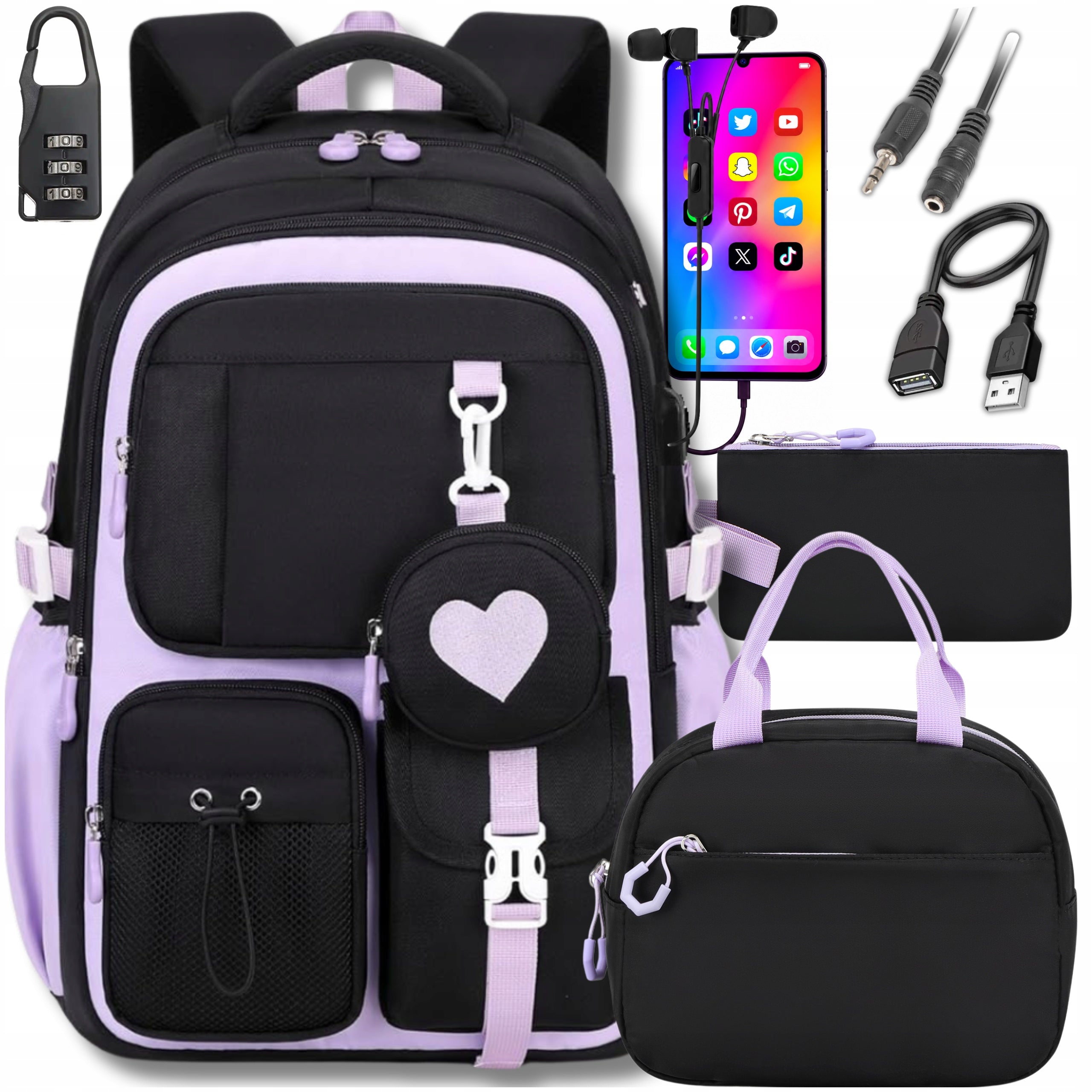 SCHOOL BACKPACK FOR GIRLS BLACK PENCIL CASE LUNCHBOX BREAKFAST HH 7in1