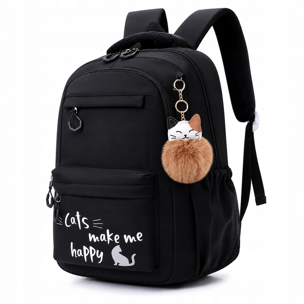 SCHOOL BACKPACK FOR GIRLS CAT LUNCH BOX PENCIL CASE BLACK YOUTH 4in1 Brand Bergens