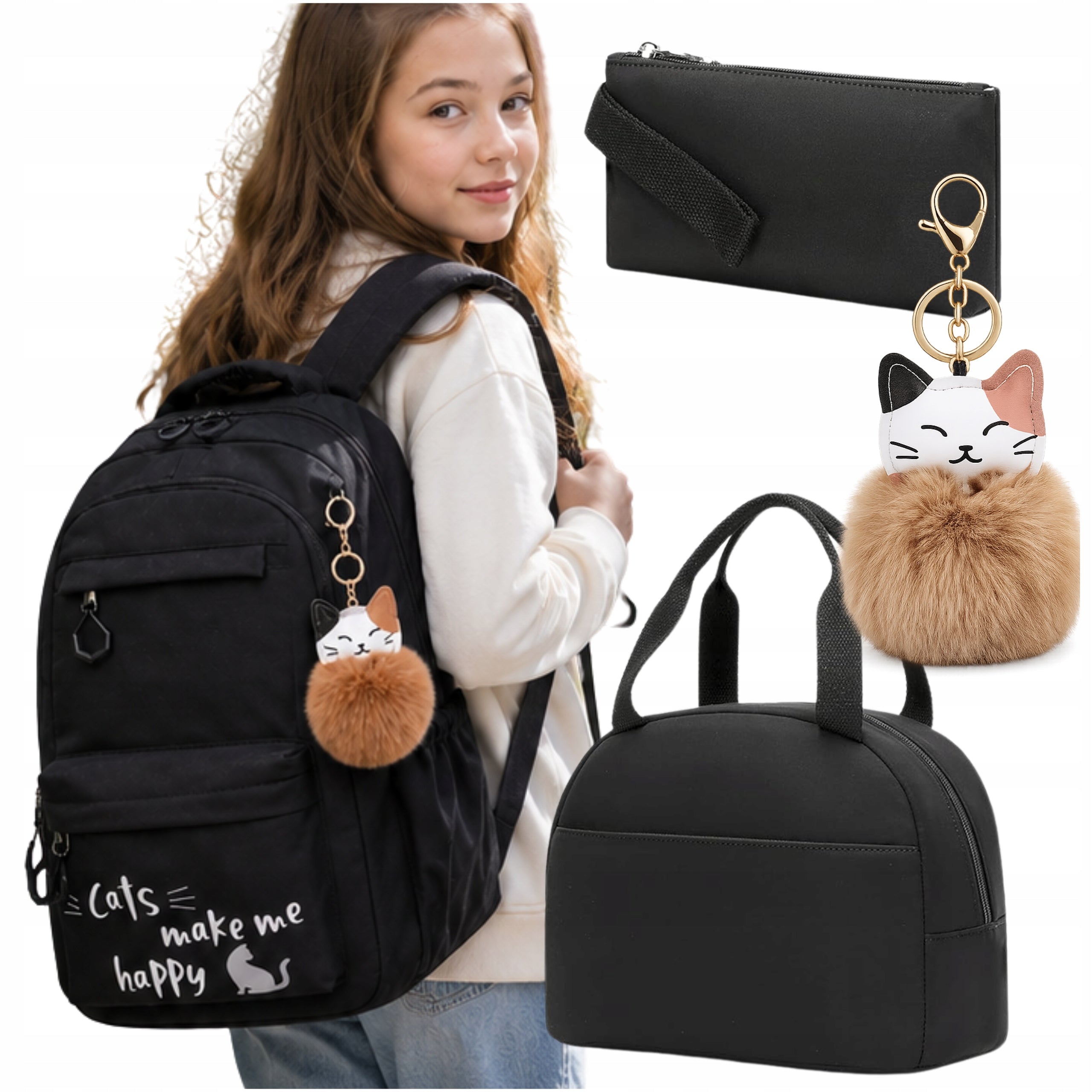 SCHOOL BACKPACK FOR GIRLS CAT LUNCH BOX PENCIL CASE BLACK YOUTH 4in1 Manufacturer code luchbox piórnik plecak szkolny