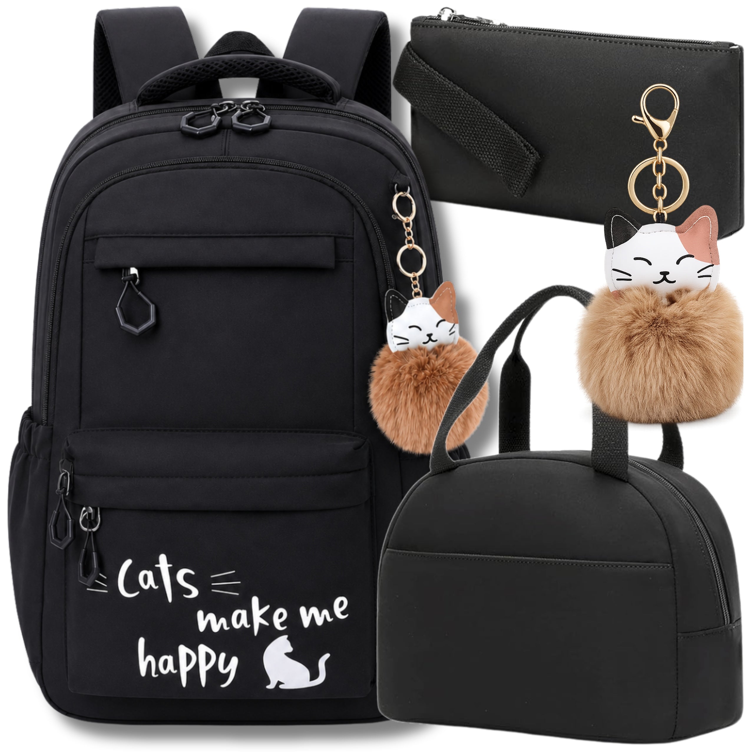 SCHOOL BACKPACK FOR GIRLS CAT LUNCH BOX PENCIL CASE BLACK YOUTH 4in1