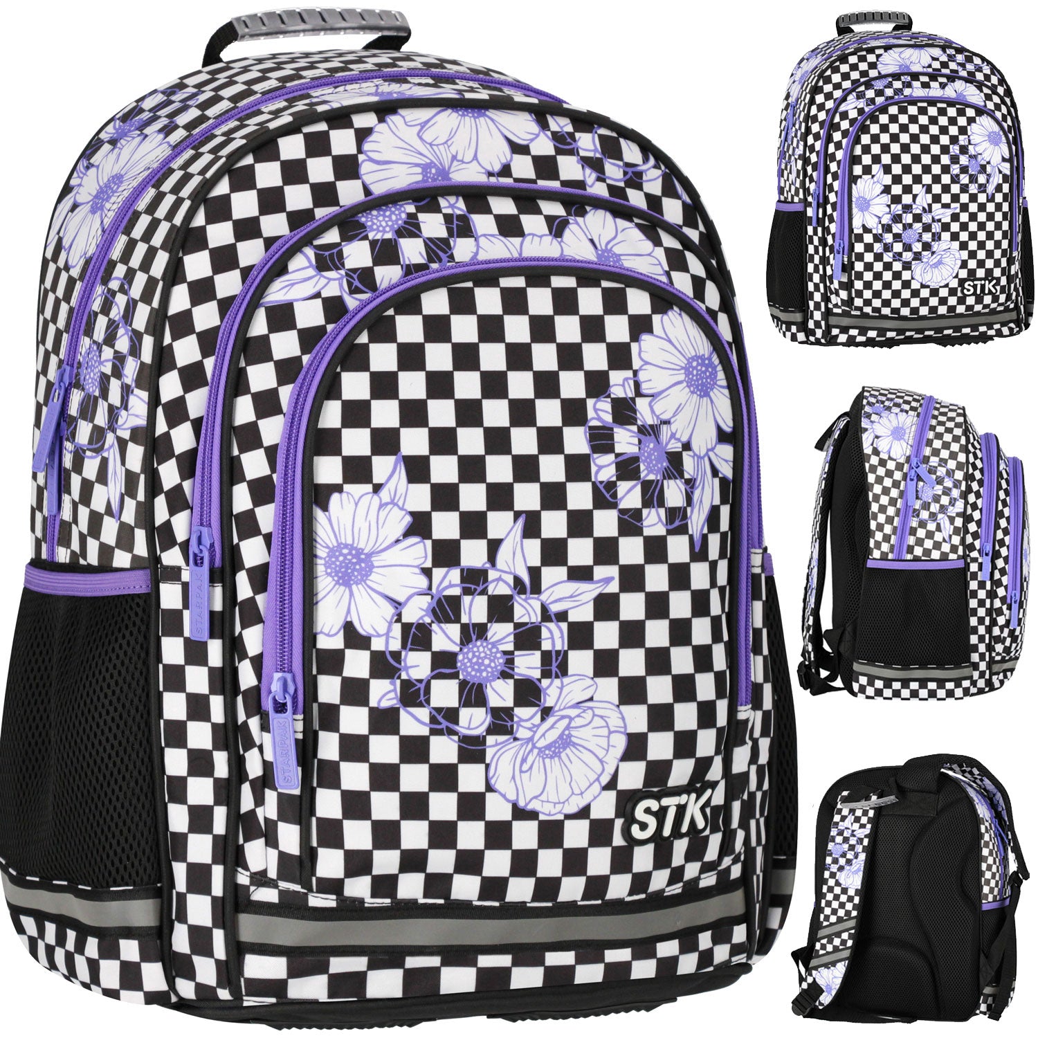 SCHOOL BACKPACK FOR GIRLS CHESSBOARD WITH PURPLE FLOWERS