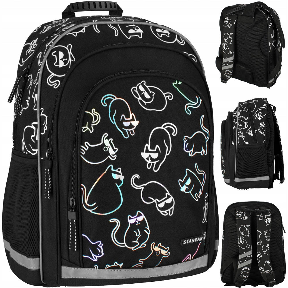 SCHOOL BACKPACK FOR GIRLS KITTENS HOLO BLACK