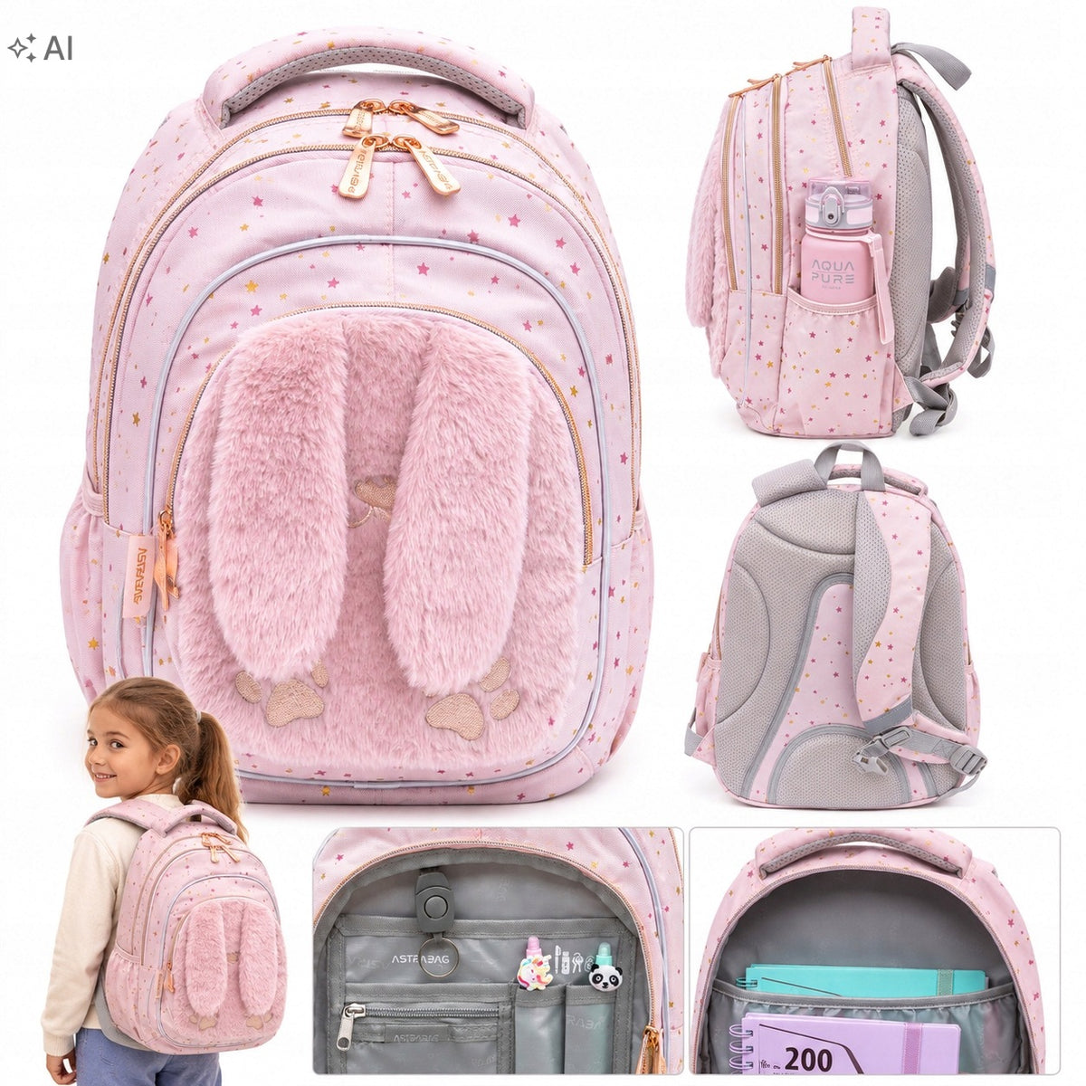 SCHOOL BACKPACK FOR GIRLS MULTI-CHAMBER PINK RABBIT SATCHEL SCHOOL