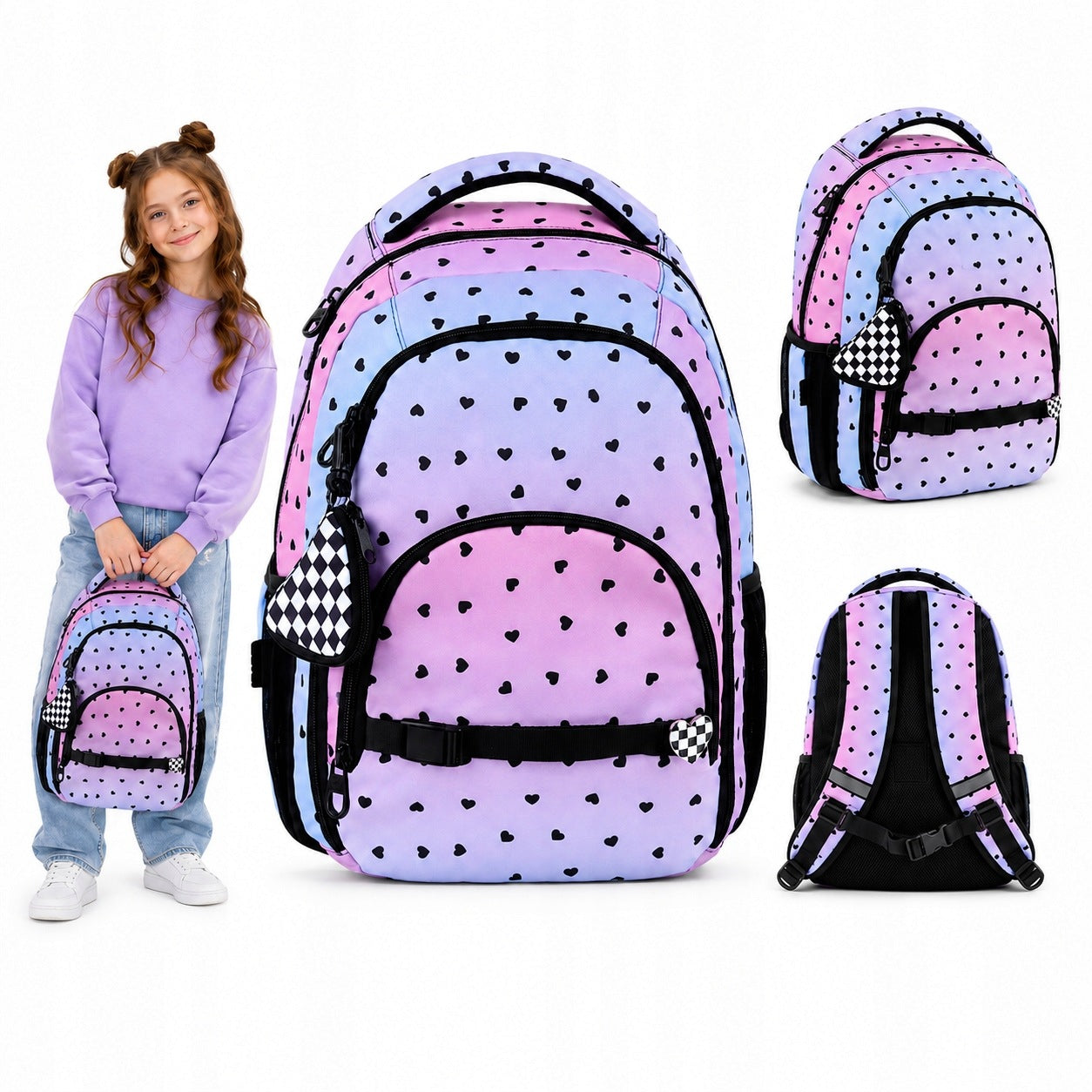 SCHOOL BACKPACK FOR GIRLS PINK KITRE WITH DOTS HEART WALLET
