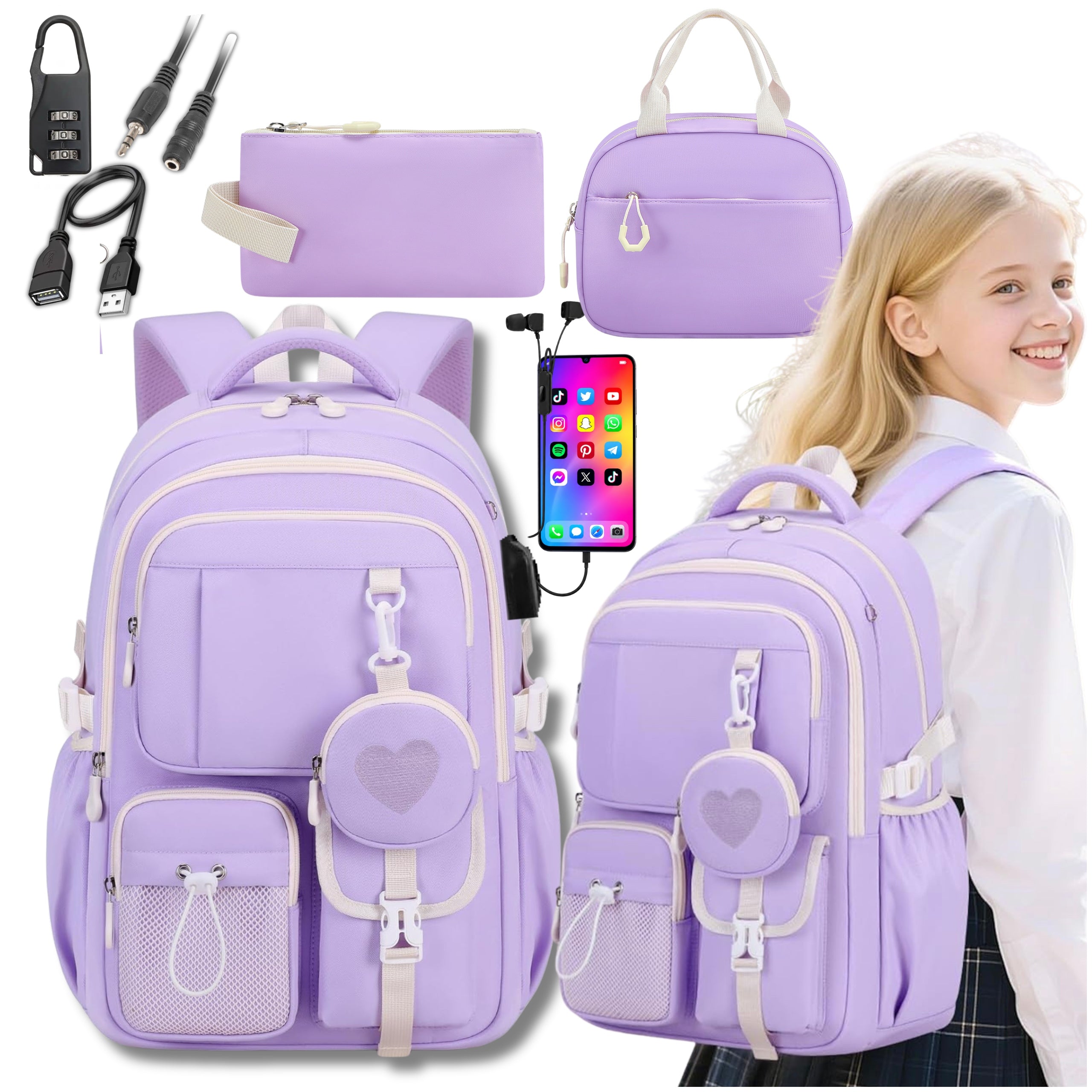 SCHOOL BACKPACK FOR GIRLS SATCHEL LUNCHBOX BREAKFAST PENCIL CASE SF