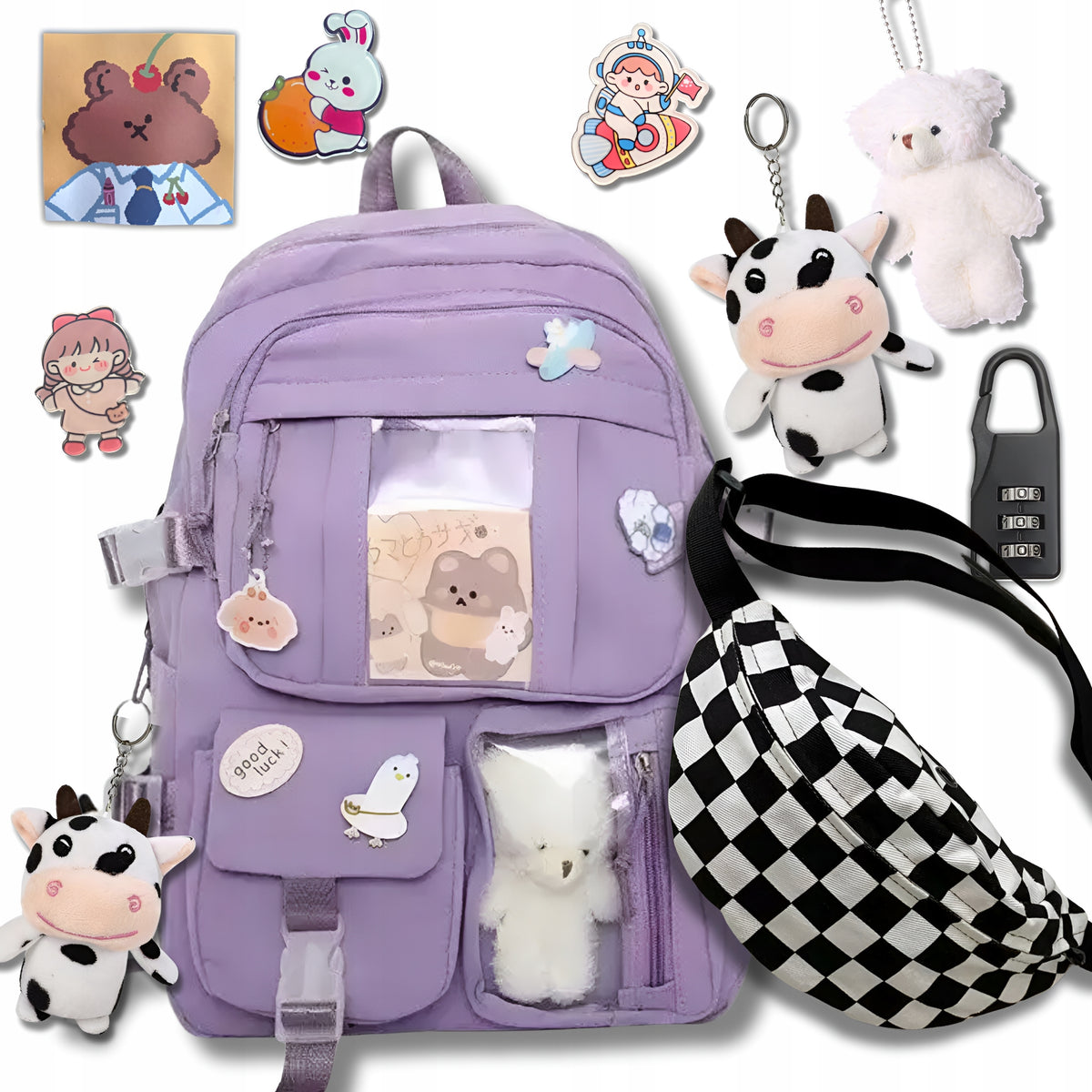 SCHOOL BACKPACK FOR SCHOOL YOUTH KEYCHAIN PINS PADLOCK FL BEAR + KIDNEY