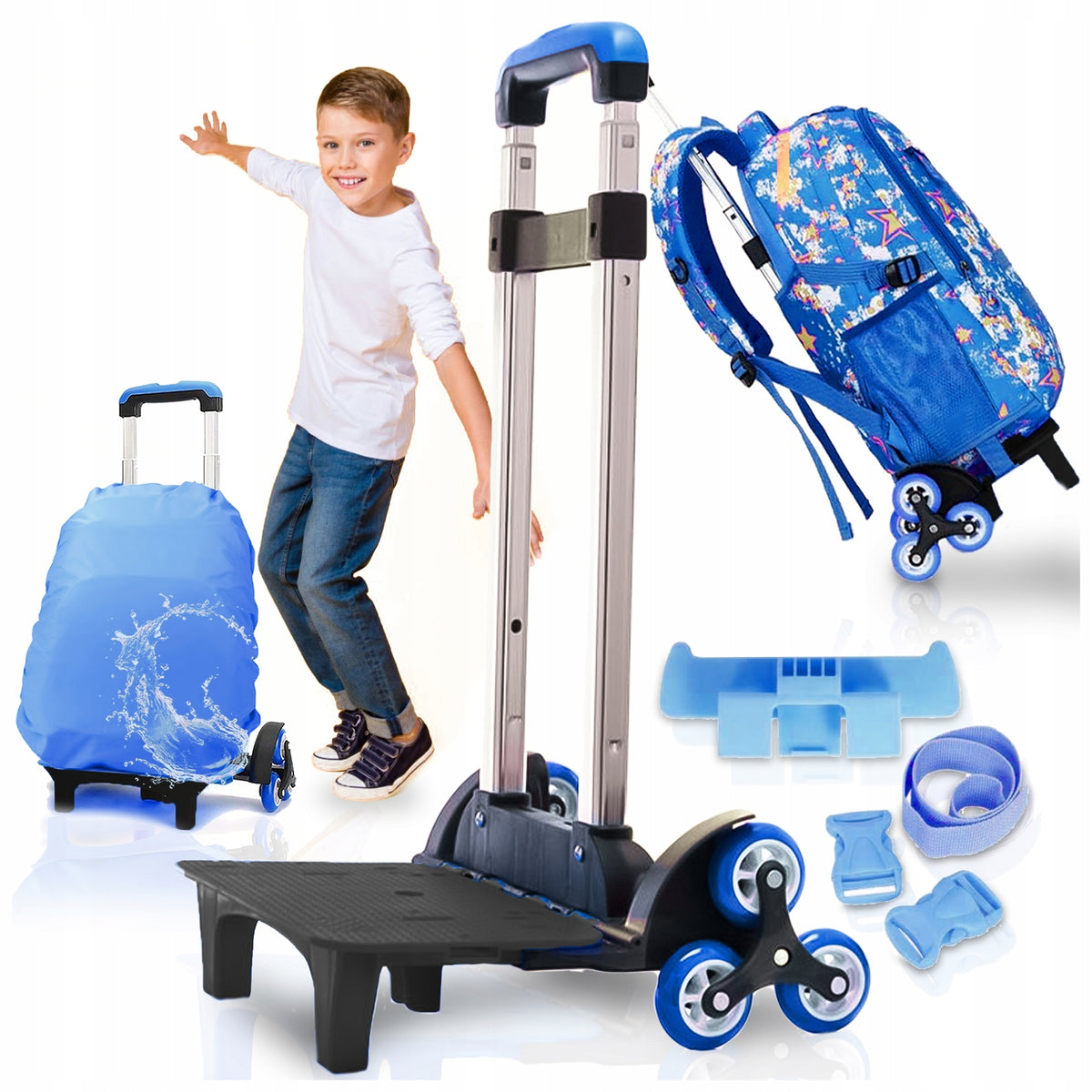 SCHOOL BACKPACK FRAME TROLLEY ON RUBBER 6 WHEELS + COVER