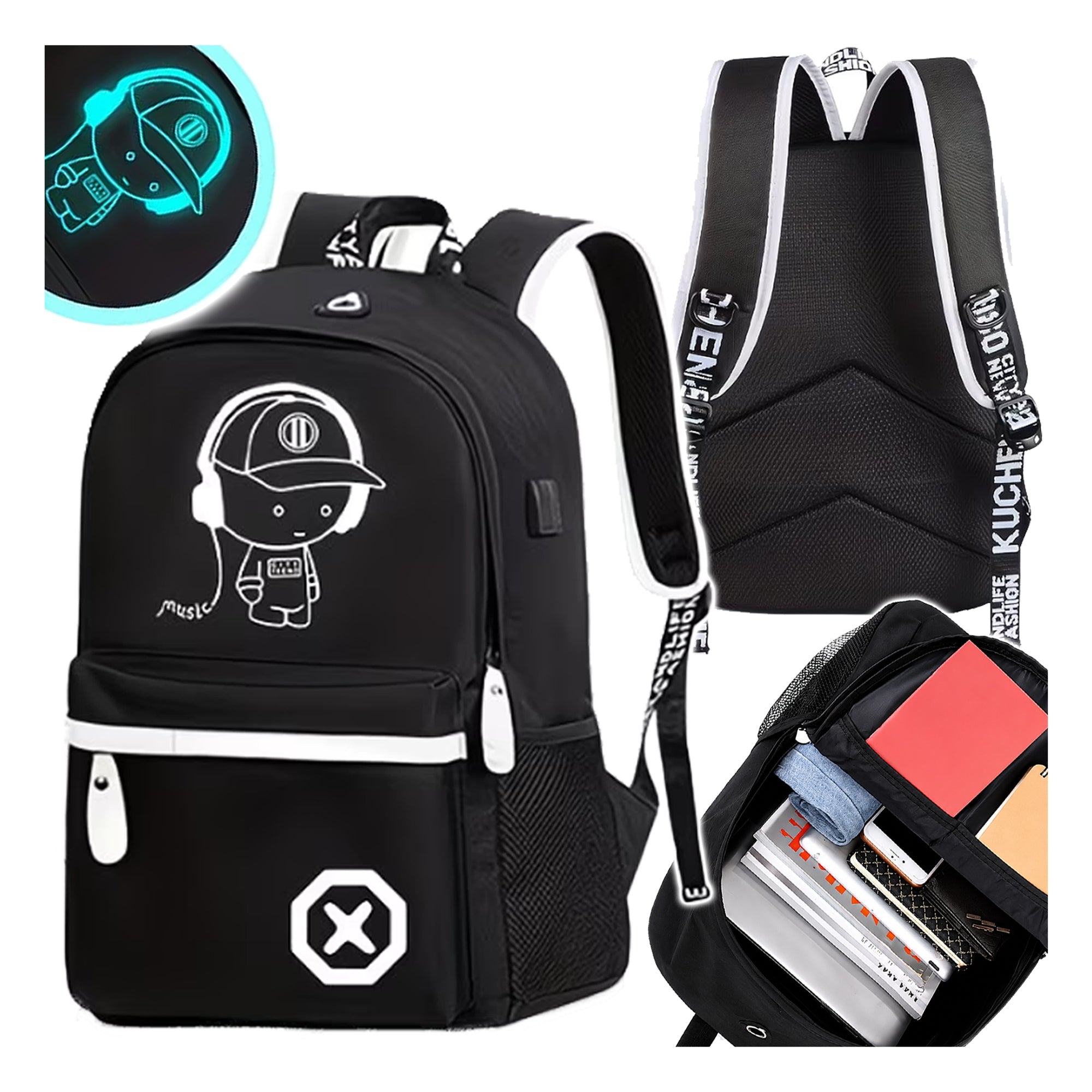 SCHOOL BACKPACK GLOW-IN-THE-DARK REFLECTIVE YOUTH USB BLACK