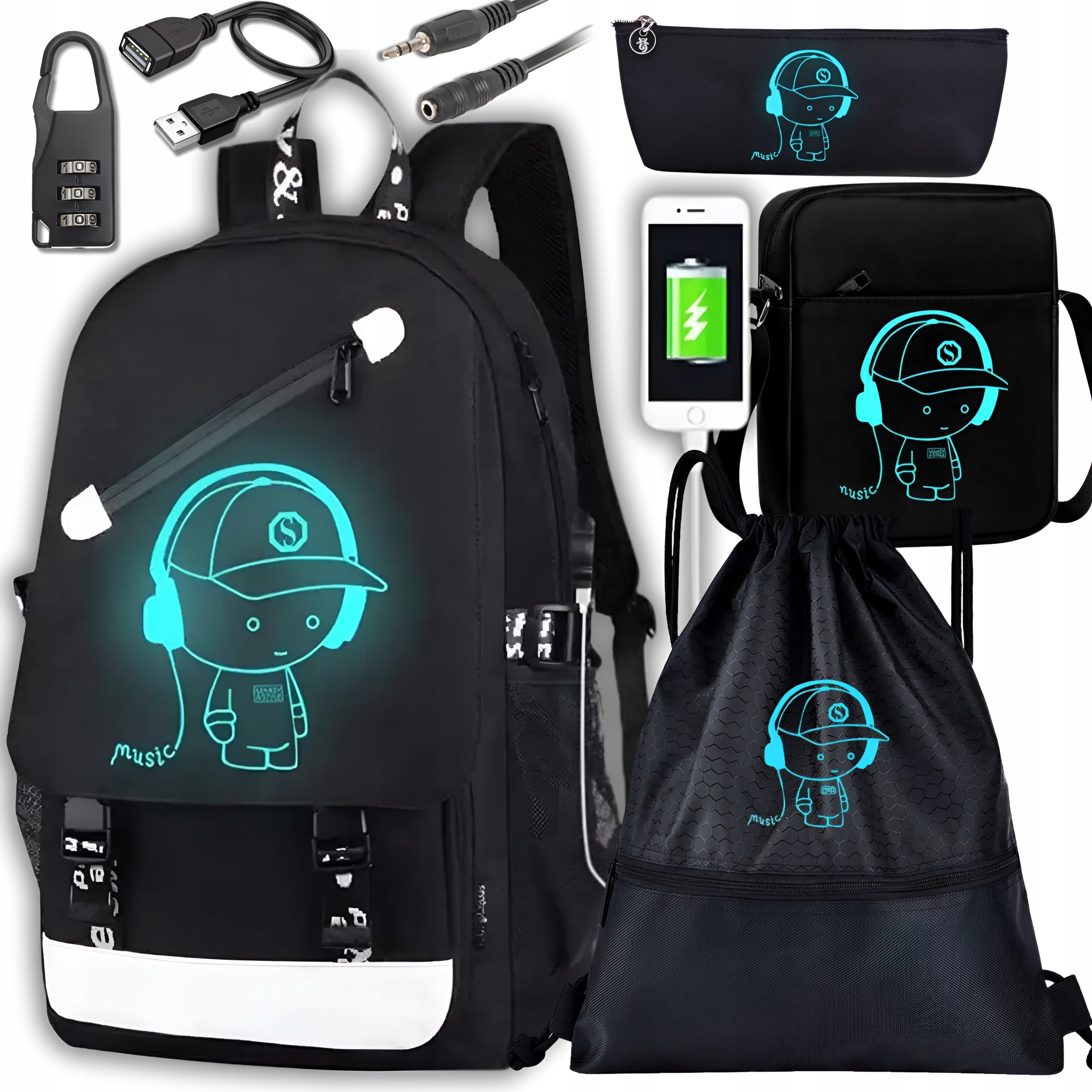 SCHOOL BACKPACK GLOWING YOUTH A4 BAG PENCIL CASE USB BAG