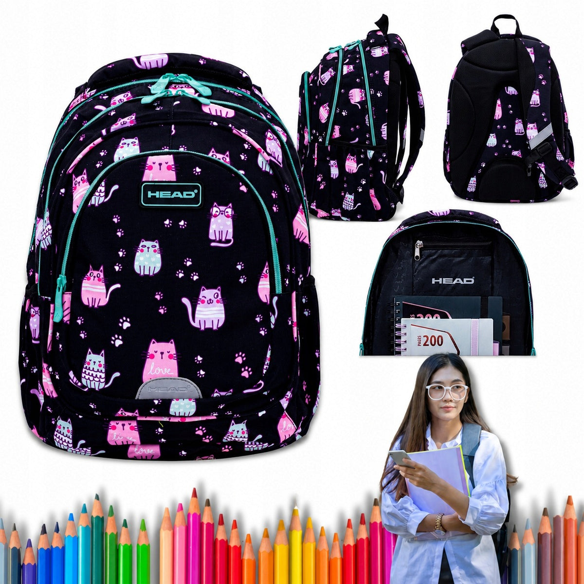 SCHOOL BACKPACK HEAD LOVELY KITTY 20 L WATERPROOF ERGO BACK