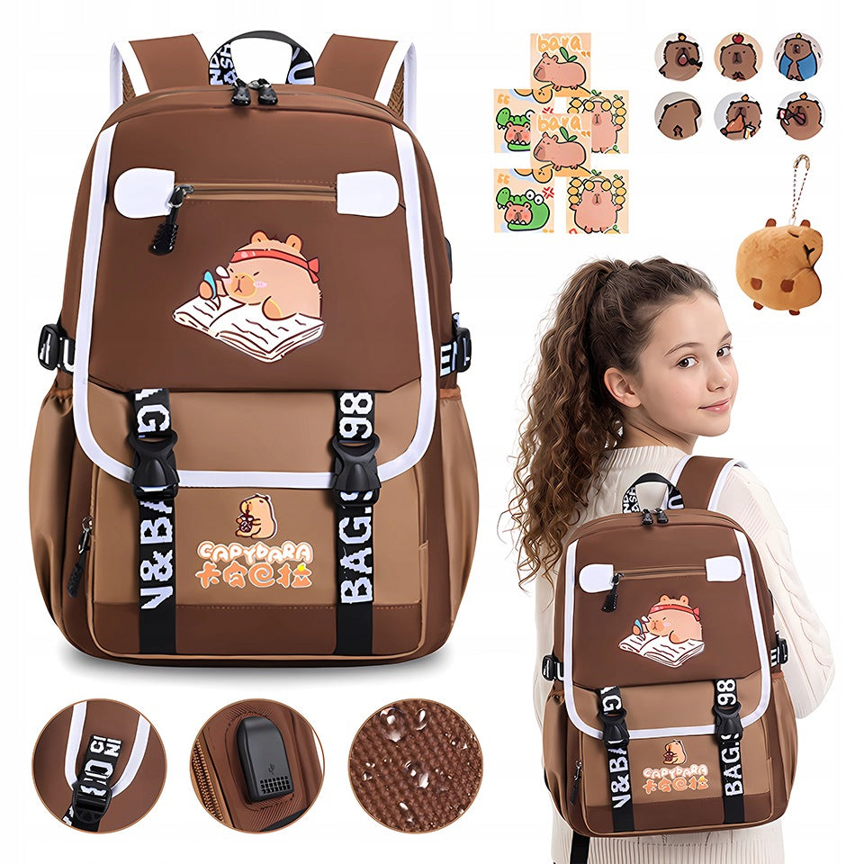 SCHOOL BACKPACK KAPIBARA 46X29X16 CM A4 LIGHTWEIGHT WATERPROOF PATCH PENDANT