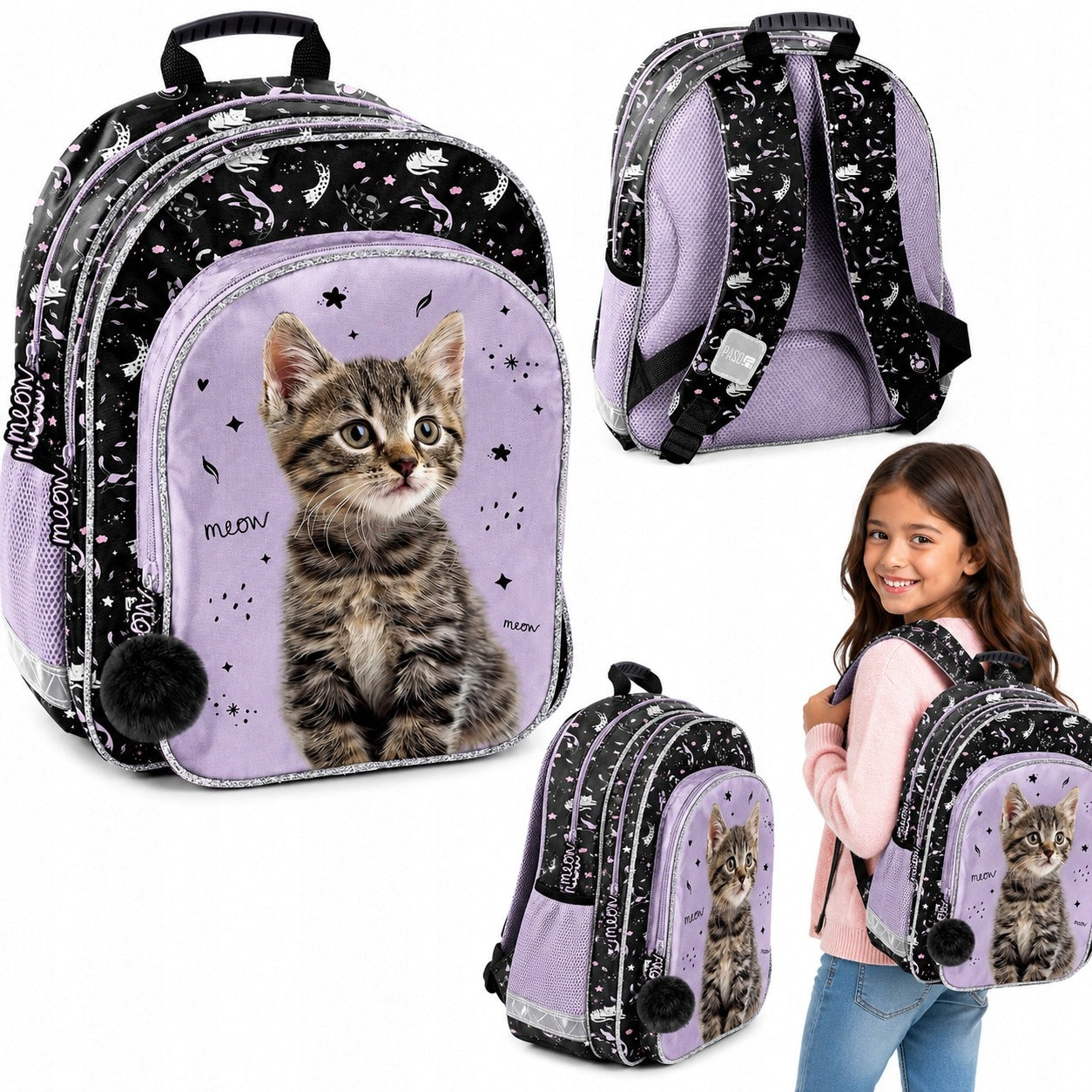 SCHOOL BACKPACK KITTEN FOR GIRL TO SCHOOL SATCHEL PURPLE BLACK