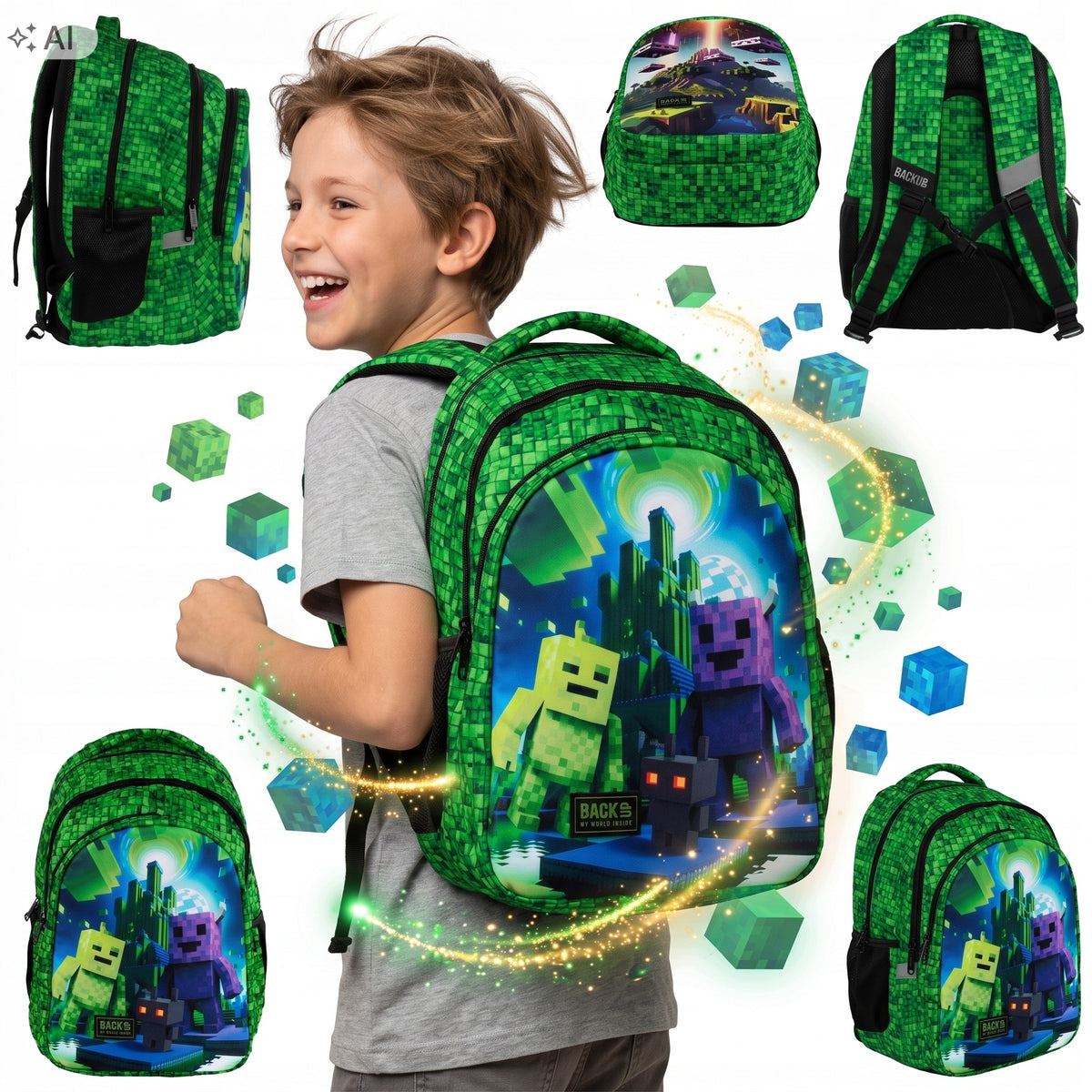 SCHOOL BACKPACK MINECRAFT BACK UP FOR BOY GREEN MULTI-CHAMBER GAMING