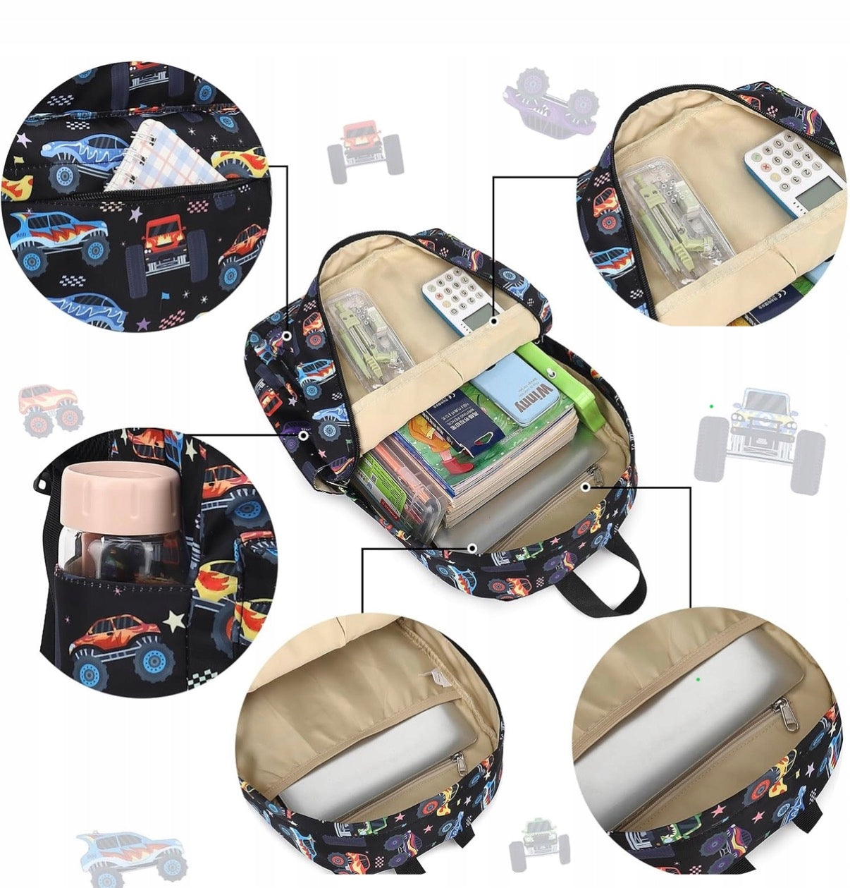 SCHOOL BACKPACK Monster Truck CARS SATCHEL FOR BOY LUNCHBOX LUNCH BAG Brand Bergens
