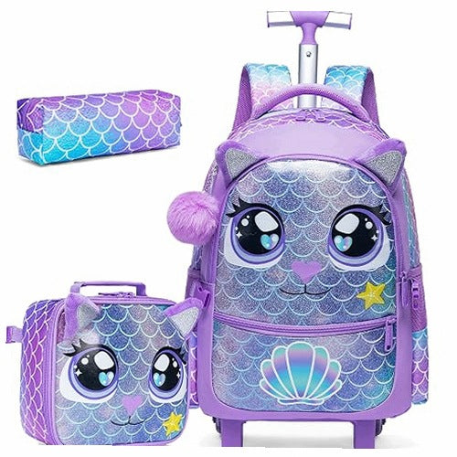 SCHOOL BACKPACK ON WHEELS FOR GIRLS SATCHEL WITH BAG LUNCH FOR KIDS