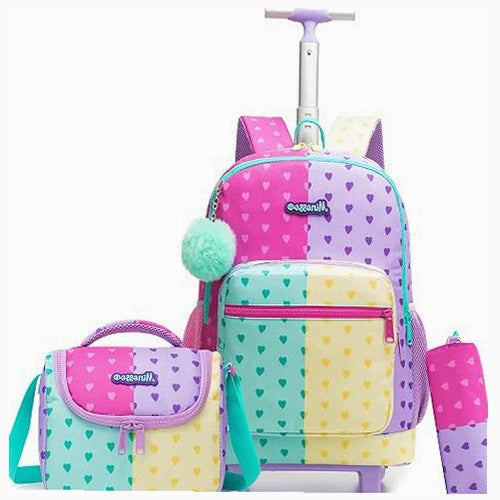 SCHOOL BACKPACK ON WHEELS FOR GIRLS SET OF 3 PARTS LUNCH BAG