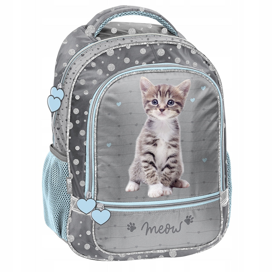 SCHOOL BACKPACK PASO KITTEN FOR GIRLS CLASS 1 2 3 GREY FOR SCHOOL
