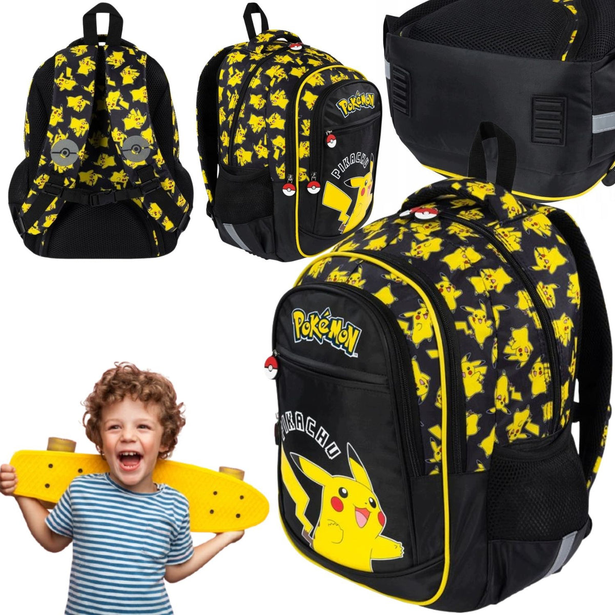 SCHOOL BACKPACK PIKACHU POKEMON MULTI-CHAMBER ROOMY FOR GRADES 1-3 22L