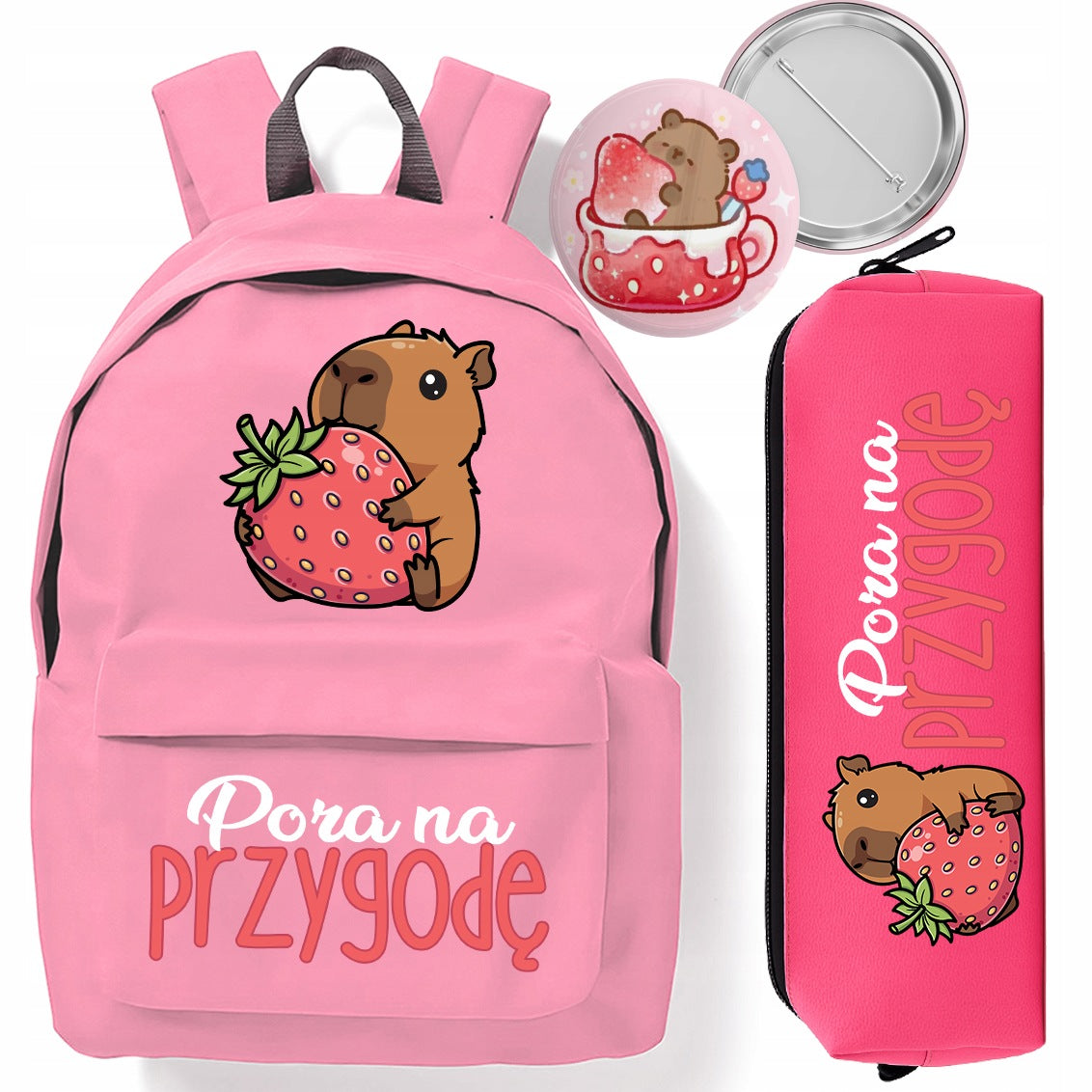 SCHOOL BACKPACK PINK PENCIL CASE LAYETTE FOR SCHOOL TIME FOR ADVENTURE CAPYBARA