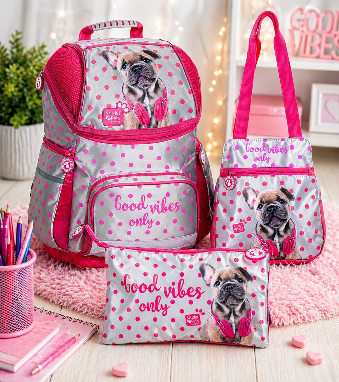 SCHOOL BACKPACK SATCHEL 3in1 WITH DOG PENCIL CASE BAG FOR GIRLS A4