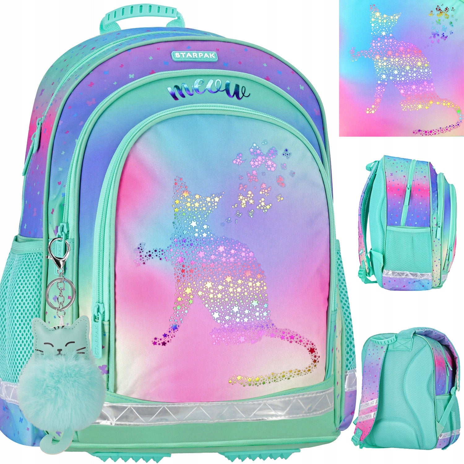 SCHOOL BACKPACK SATCHEL CLASS 1-3 WITH KITTEN HOLO OMBRE CAT KITTY