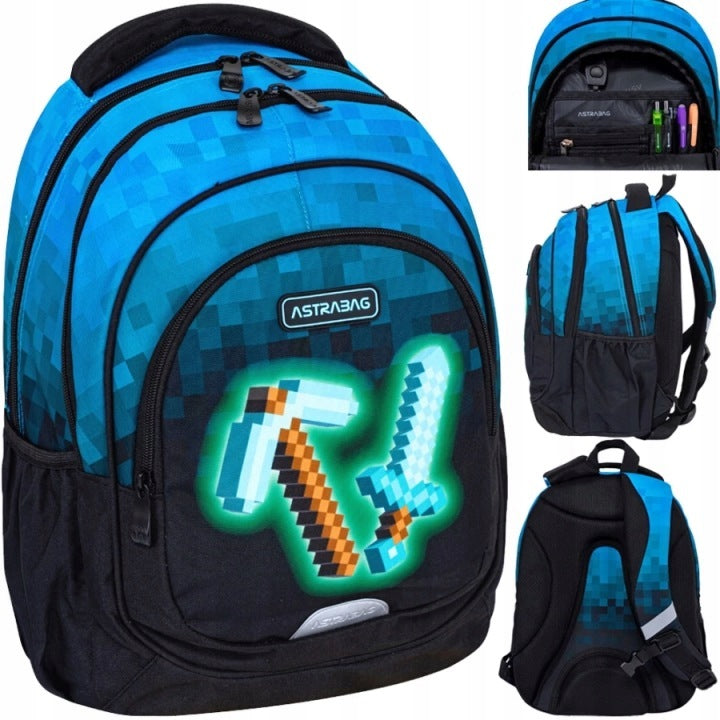 SCHOOL BACKPACK SATCHEL FOR BOY CLASS 1-3 PIXELS PICKAXE PLAYER