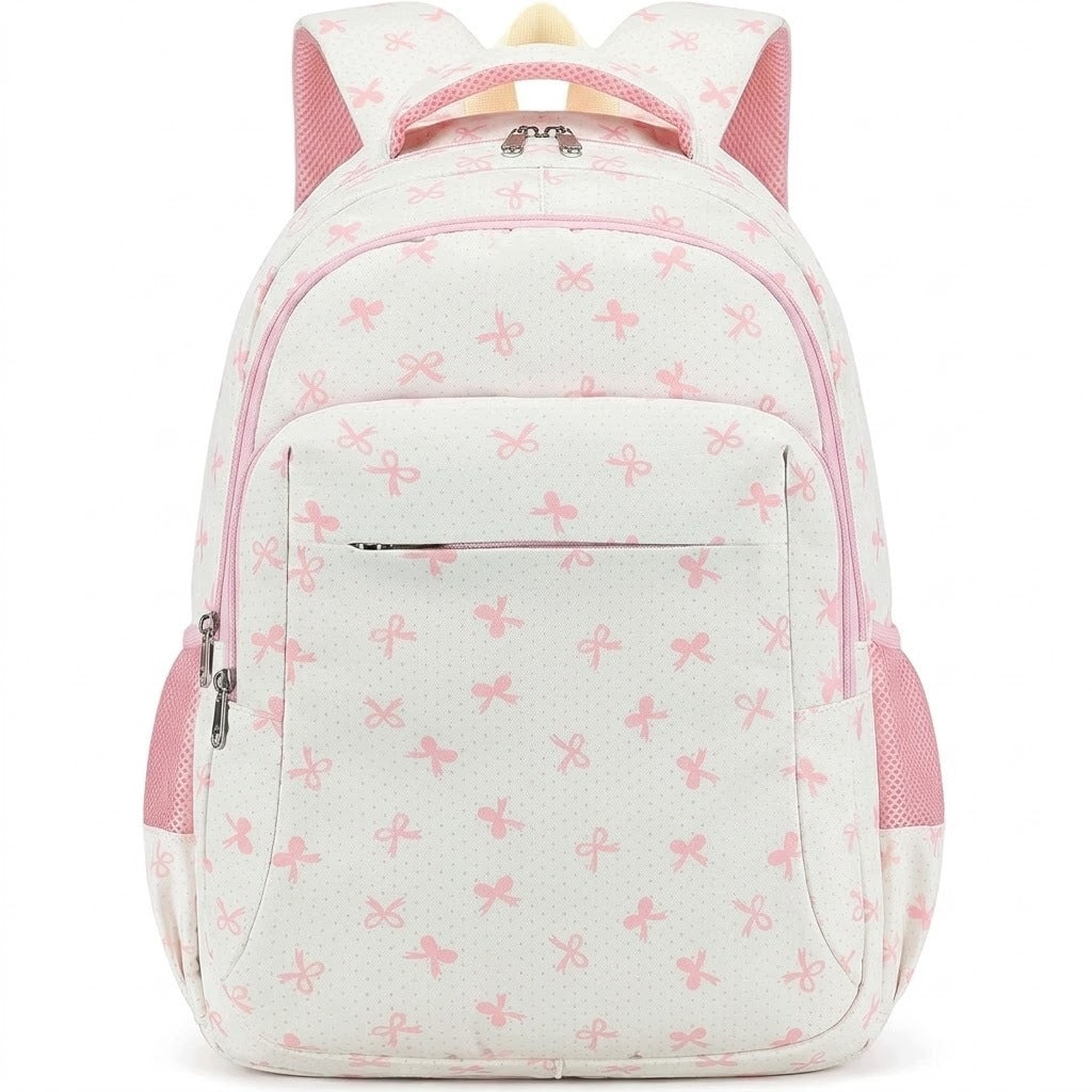 SCHOOL BACKPACK SATCHEL FOR CHILDREN WHITE WITH PINK DOTS BOWS