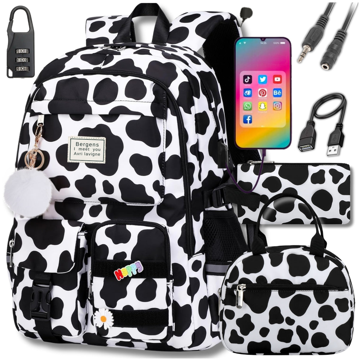 SCHOOL BACKPACK SATCHEL FOR GIRL PENCIL CASE LUNCHBOX BREAKFAST 9in1