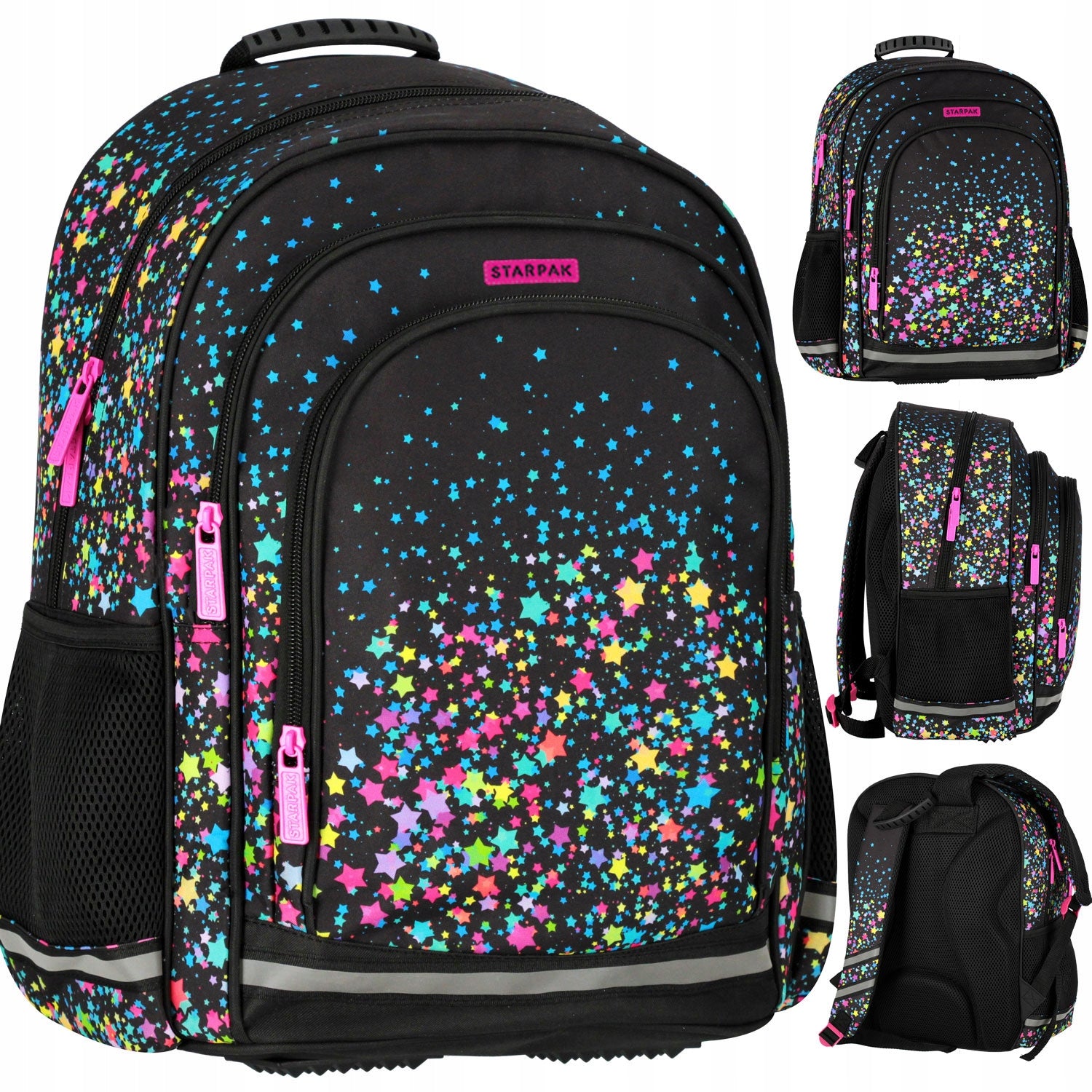 SCHOOL BACKPACK SATCHEL FOR GIRLS BLACK WITH STARS GALAXY