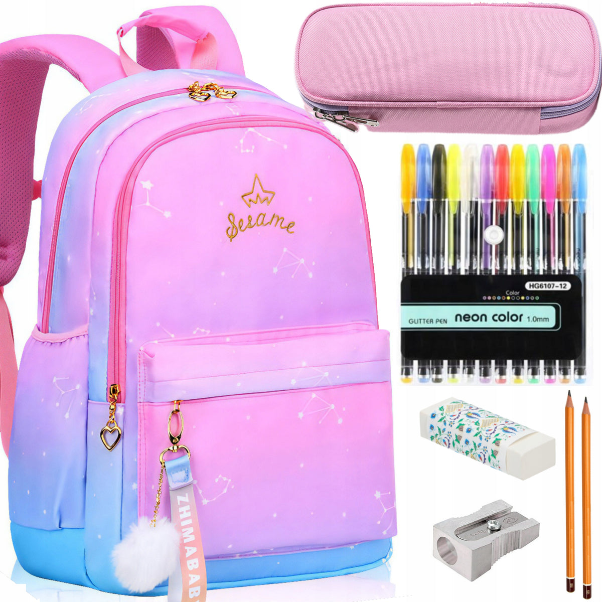 SCHOOL BACKPACK SATCHEL FOR GIRLS MULTI-CHAMBER PINK + PENCIL CASE