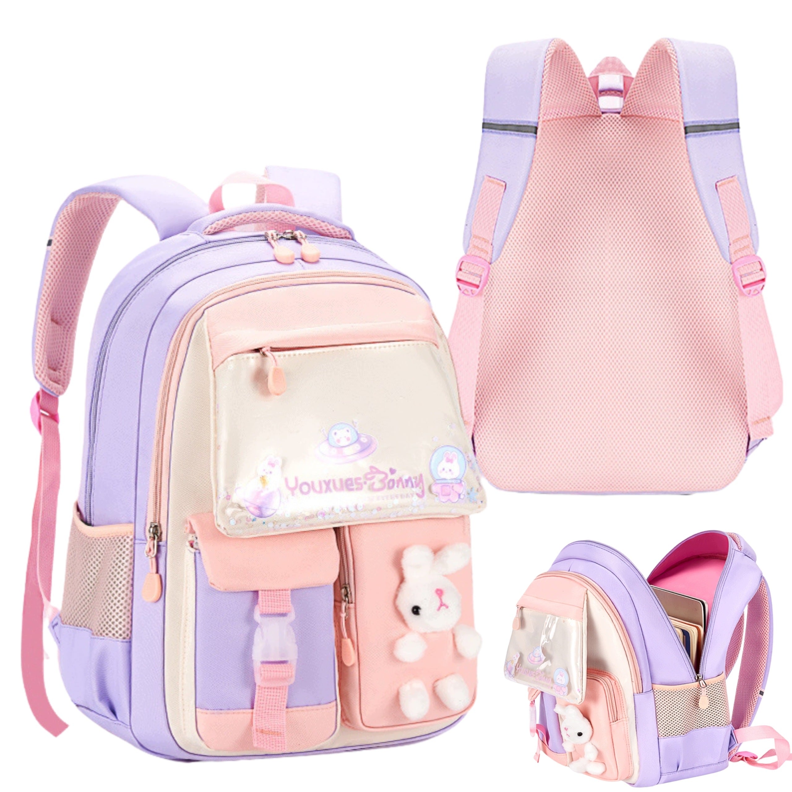 SCHOOL BACKPACK SATCHEL FOR GIRLS WITH RABBIT LIGHT ROOMY