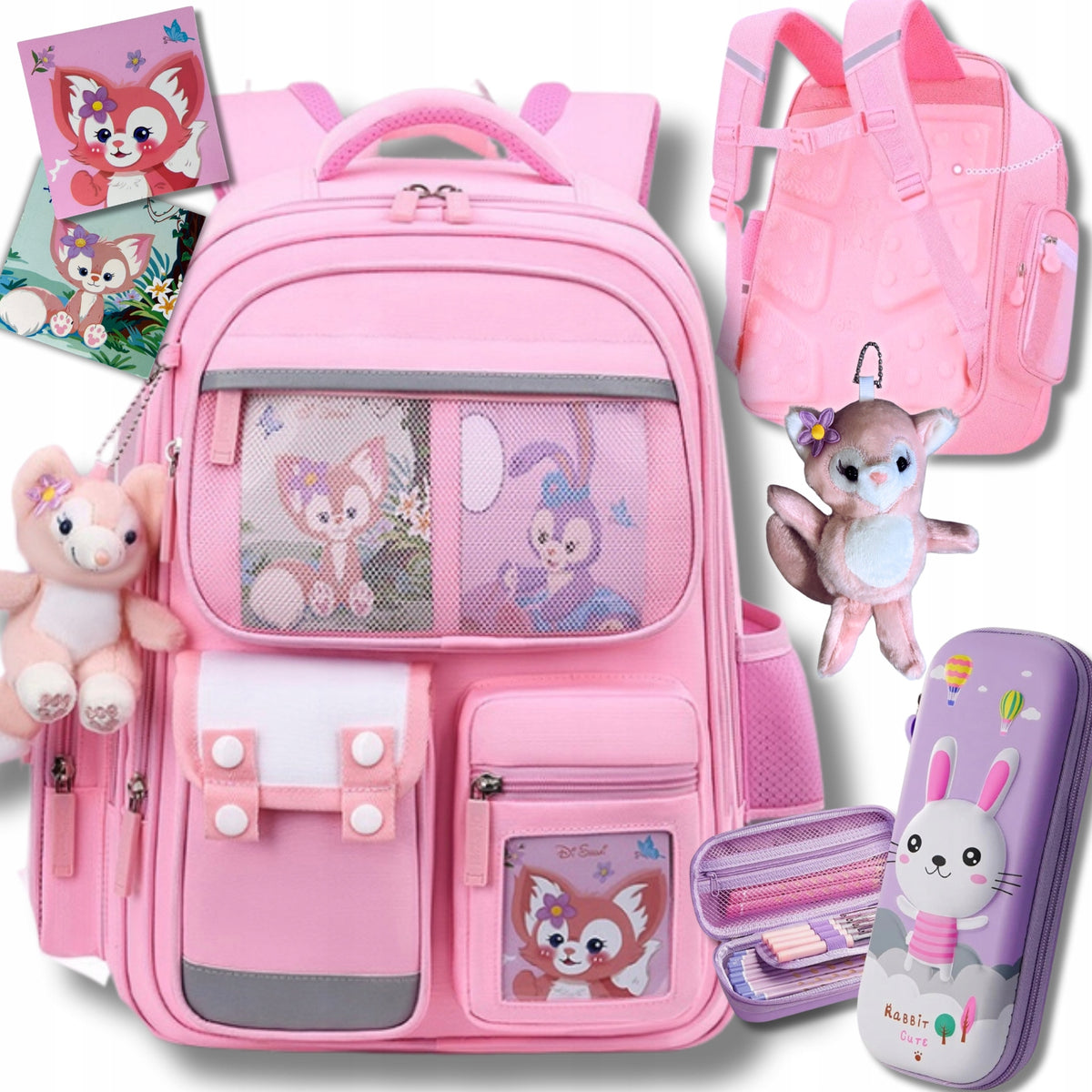 SCHOOL BACKPACK SATCHEL + PENCIL CASE RABBIT HARE glare MULTI-CHAMBER 3D