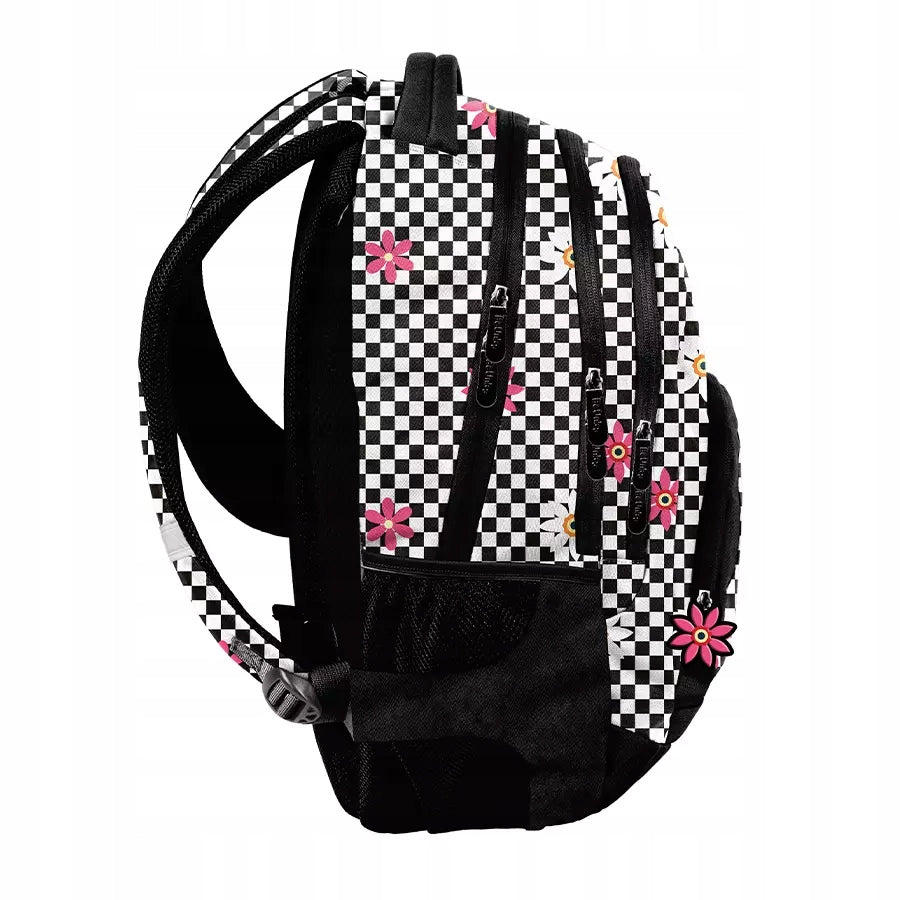SCHOOL BACKPACK SATCHEL YOUTH CHESSBOARD LATTICE FLOWERS WHITE AND BLACK Brand Paso