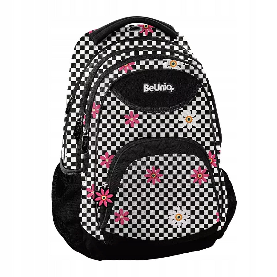 SCHOOL BACKPACK SATCHEL YOUTH CHESSBOARD LATTICE FLOWERS WHITE AND BLACK Manufacturer code BU26RK-2708