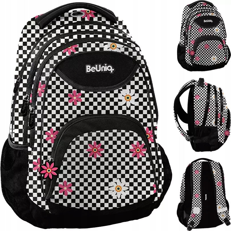 SCHOOL BACKPACK SATCHEL YOUTH CHESSBOARD LATTICE FLOWERS WHITE AND BLACK