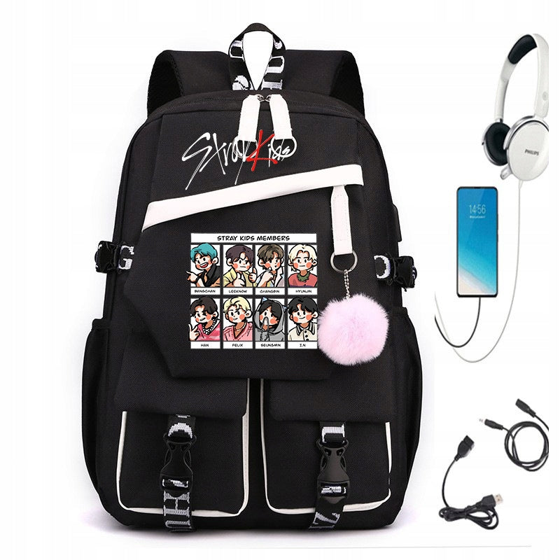 SCHOOL BACKPACK SATCHEL stray kids USB A4 LARGE COLORS MULTIPLE DESIGNS STYLE Manufacturer code gfdert