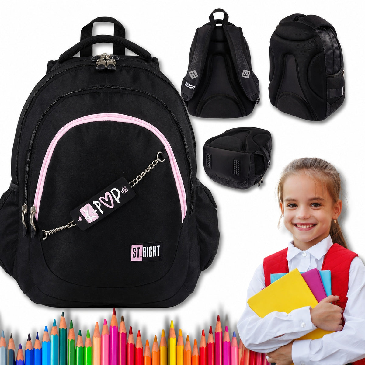 SCHOOL BACKPACK ST.RIGHT PINK K-POP 23L 4-CHAMBER BLACK WITH CHAIN
