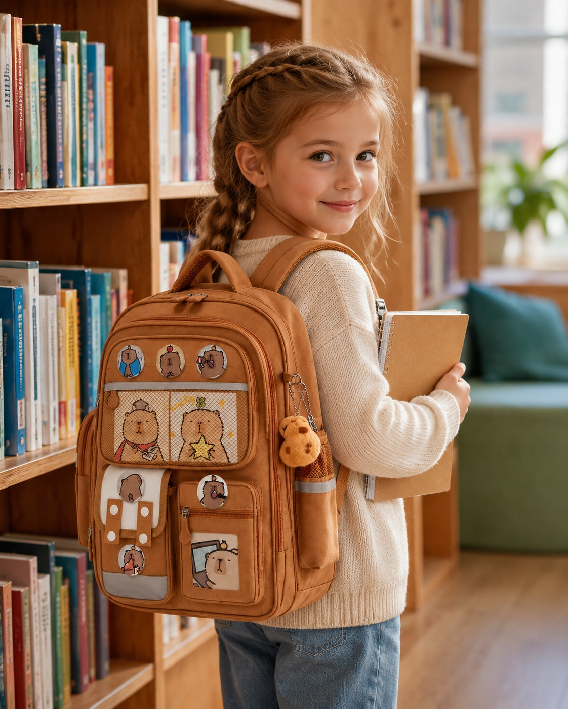 SCHOOL BACKPACK WITH CAPYBARA LARGE BROWN PENCIL CASE KEYCHAIN CLASS 3-6 Packaging status original
