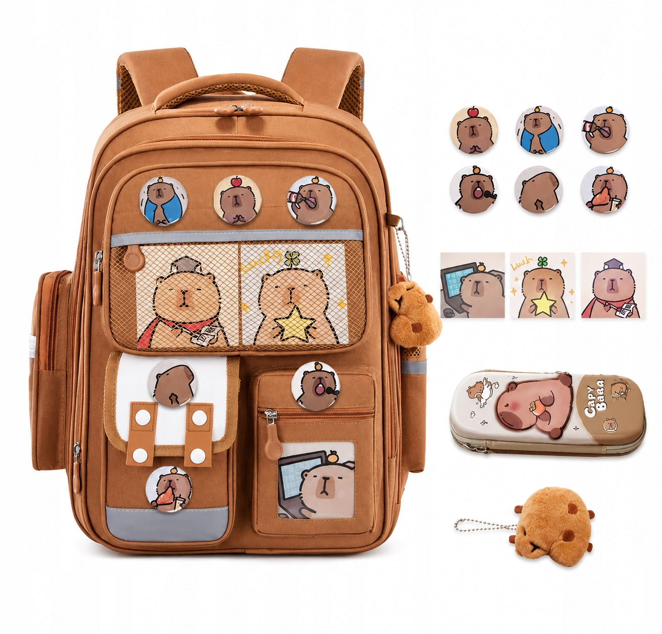 SCHOOL BACKPACK WITH CAPYBARA LARGE BROWN PENCIL CASE KEYCHAIN CLASS 3-6