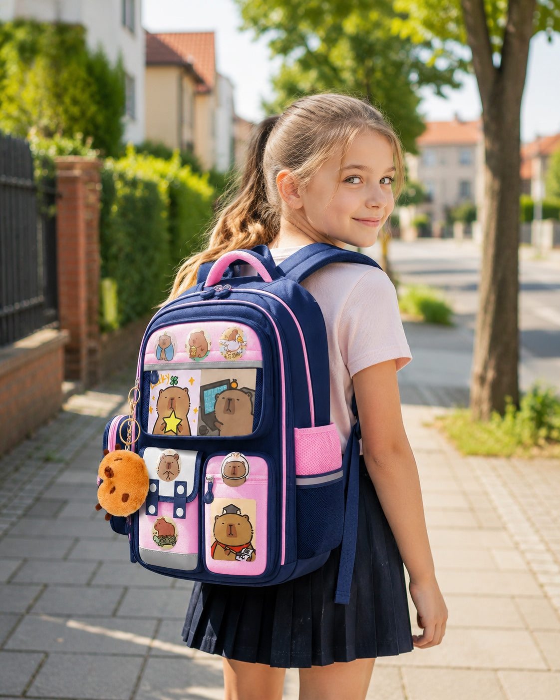 SCHOOL BACKPACK WITH CAPYBARA LARGE NAVY BLUE-PINK PENCIL CASE KEYCHAIN CLASS 3-6 Manufacturer code BAOZHU-PL